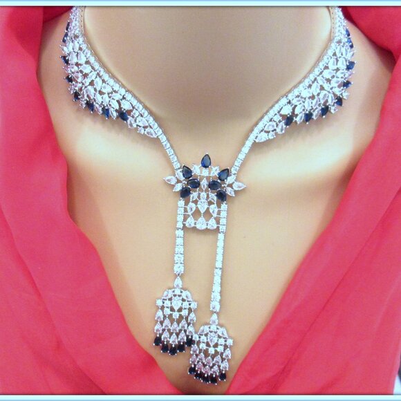 SAPPHIRE BLUE GEMSTONE LADIES 18K GOLD FILL NECKLACE EARRING SET